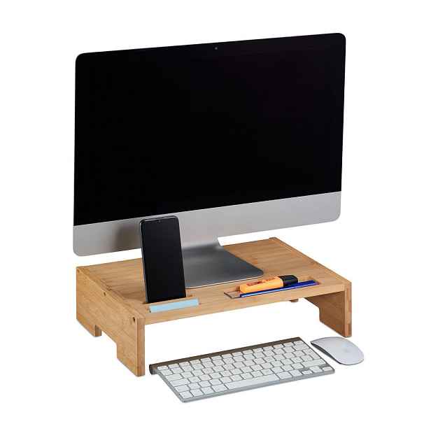 Relaxdays PODSTAVEC Přírodní bambus na monitor s přihrádkami