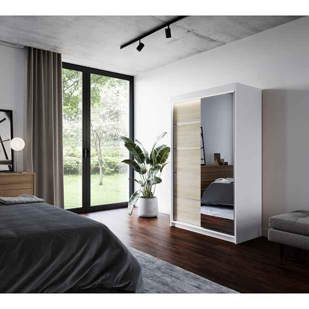 Zrcadlová šatní skříň 120 cm s LED osvětlením EABRIS - bílá / dub sonoma