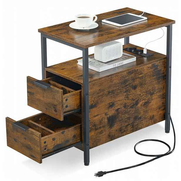 Praktický noční stolek s napájecí lištou a 2 zásuvkami, rustikální design