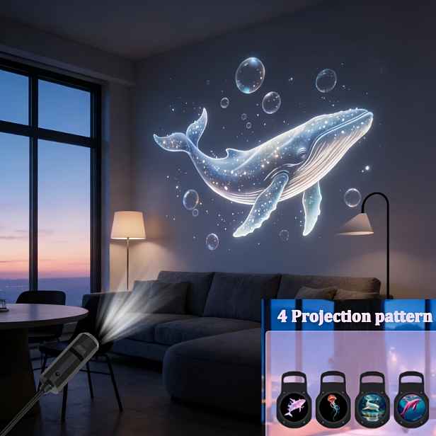 TEMU 4ks USB- Námořní projekční lampa s vyměnitelnými panely s velryby a moře, 360° otočná stropní/nástěnná/noční lampa vhodná do pokoje, k posteli,