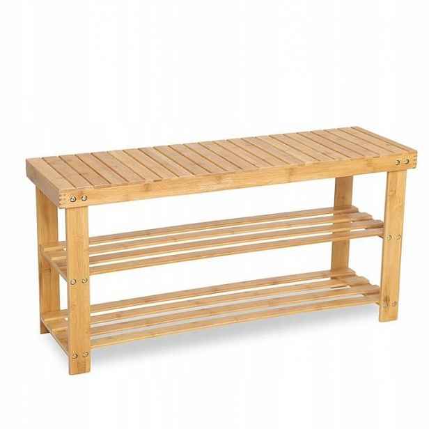 Botník Bambusová Songmics Regál Sedák 90 cm, 2 police, přírodní
