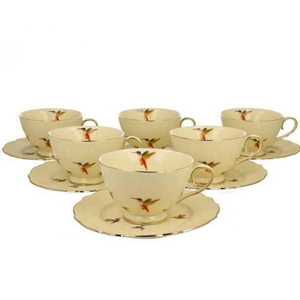 Porcelánové šálky ecru béžová 6+6 260 ml Kolibříci porcelán šálek