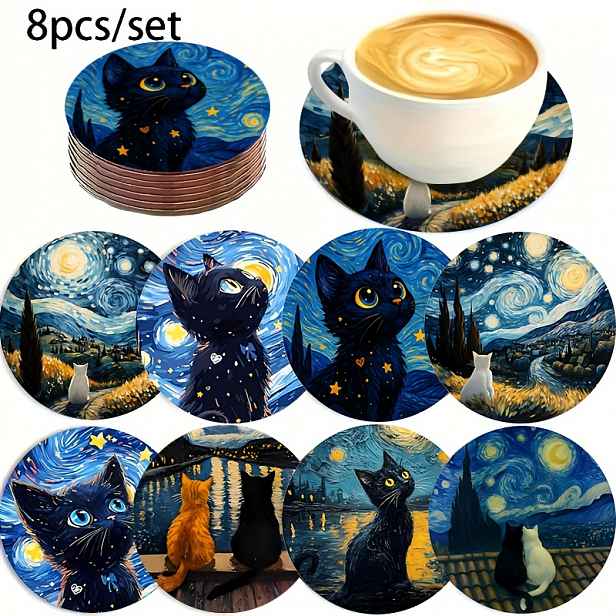 TEMU Sada podtácků Van Gogh Kočka (8 ks) – Žáruvzdorné podložky na kávu a čaj | Boho Chic dekorace pro sběratele umění | Ideální dárek pro majitele