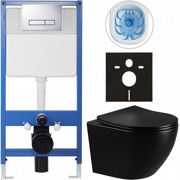 Kompletní WC set Profi/Cesso - černá lesklá - WC tlačítko Slim/Chrom - předstěnová instalace - 49x36 cm