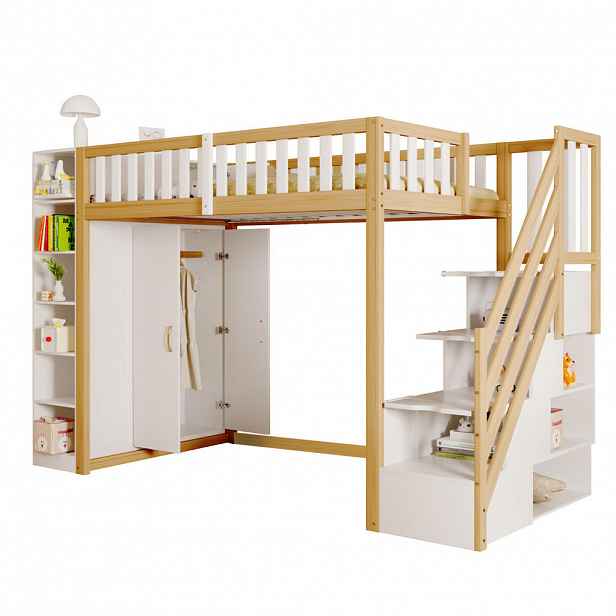 OKWISH VYSOKÁ postel 90/200 cm bílá a přírodní dřevo s úložným prostorem z masivního dřeva