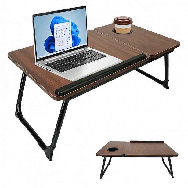 Skládací postelový stolek nastavitelný pod notebook, sklon pracovní desky, silný ořech