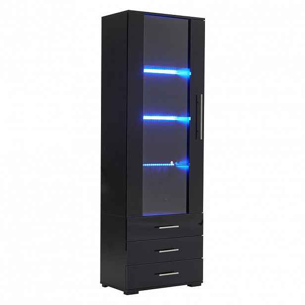 STILVORA VITRÍNA v černé barvě se stojací konstrukcí, LED osvětlením a 3 zásuvkami do obýváku, Š60/H35/V180 cm