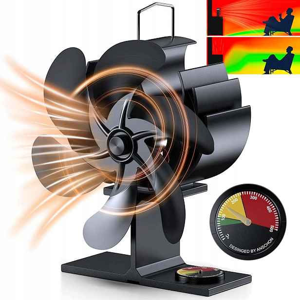 Krbový Ventilátor 6 Lopatek Tichý S Teploměrem Pro Kamna