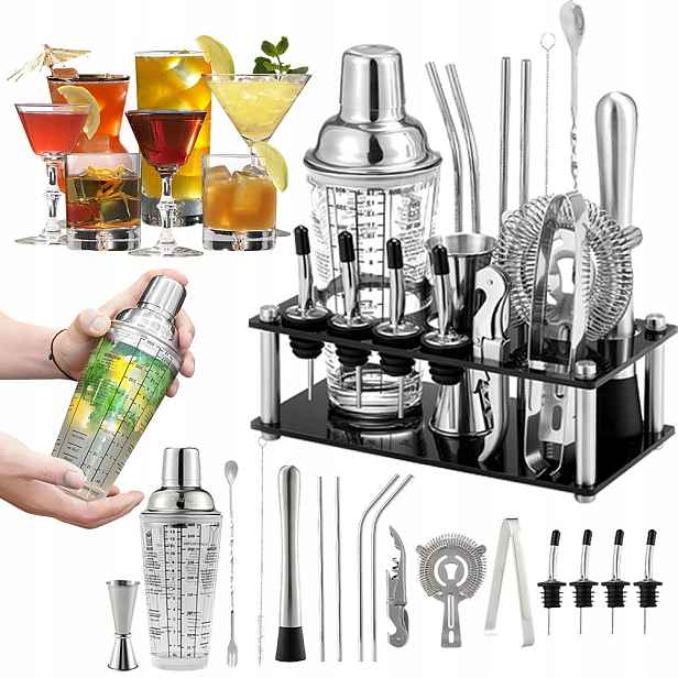 Barmanská Sada Na Koktejlové Nápoje Shaker Odměrka Lžíce Palička Ocel 17 Ks.