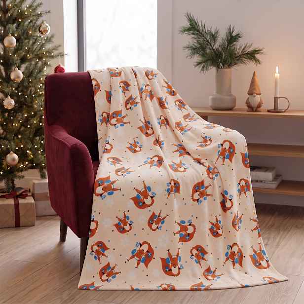 Vánoční deka z mikrovlákna X-MAS FRIENDS motiv veverka se sluchátky 150x200 cm