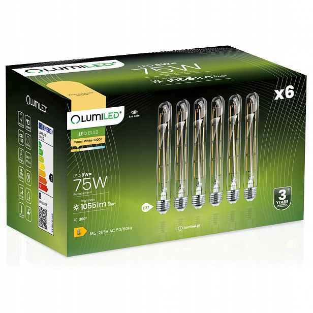 6x Led žárovka E27 Tuba T30 8W 65W 3000K Lumiled