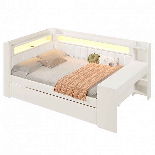 WISHDOR ČALOUNĚNÁ POSTEL 140/200 cm a 90/190 cm bílá len s výsuvným lůžkem, LED osvětlením a USB portem