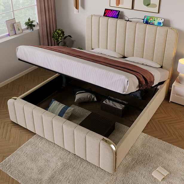 WISHDOR ČALOUNĚNÁ postel 160 × 200 cm v béžové barvě z lněného materiálu s úložným prostorem, USB a Type-C