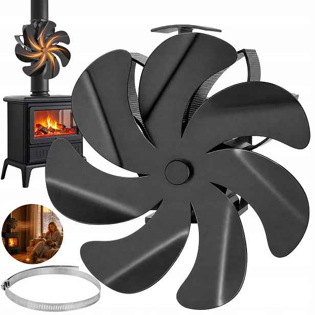 7-LOPATKOVÝ Krbový Ventilátor Napájený Teplem, Tlumený, Odolný Vůči Korozi