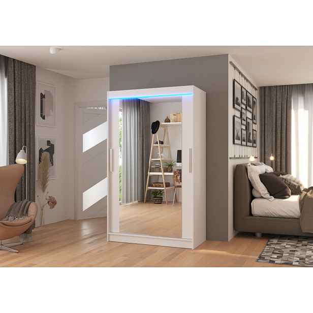 Šatní skříň se zrcadlem a LED osvětlením 120 cm EADRA - bílá