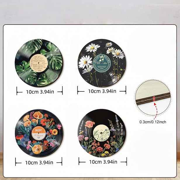 TEMU Sada 4 ks retro dřevěných štítků ve tvaru vinylu, americký country styl, vhodné do barů, statků, jako dekorace na zeď domů, masivní dřevěné