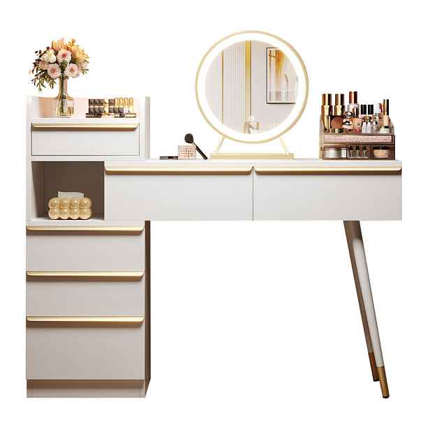 Redom TOALETNÍ stolek 100/41,5/102 cm s výsuvnou deskou, LED zrcadlem a 6 zásuvkami, Bílá