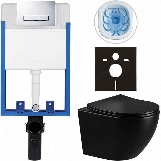 Kompletní WC set Profi/Cesso - černá lesklá - WC tlačítko Slim/Chrom - pro zazdění - 49x36 cm