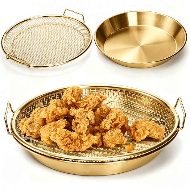 TEMU Zcela nový pozlacený jednoporcový odolný nerezový stojan a tác na fritézu – skládací kulatý kovový drátěný koš s odkapávací miskou, odolný vůči