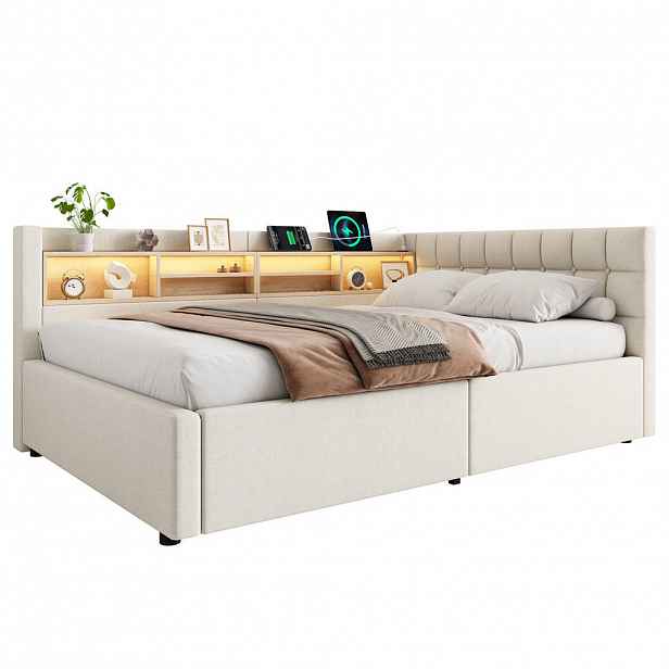 FLIEKS DENNÍ POSTEL 140x200cm Pohovka Úložná LED USB Béžová