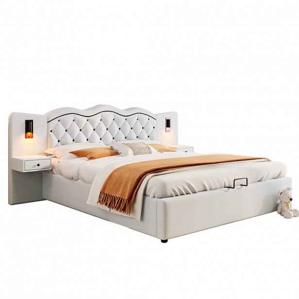 WISHDOR ČALOUNĚNÁ POSTEL 180/200 cm v béžové barvě z lněné látky s úložným boxem, USB a LED
