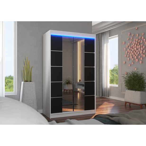 Zrcadlová šatní skříň s LED osvětlením 120 cm FABRA - bílá / černá