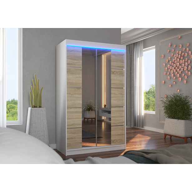 Zrcadlová šatní skříň s LED osvětlením 120 cm FABRA - bílá / dub sonoma