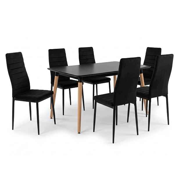 Jídelní stůl 120x80 cm černý s bukovými nohami 6 černých sametových židlí Axell