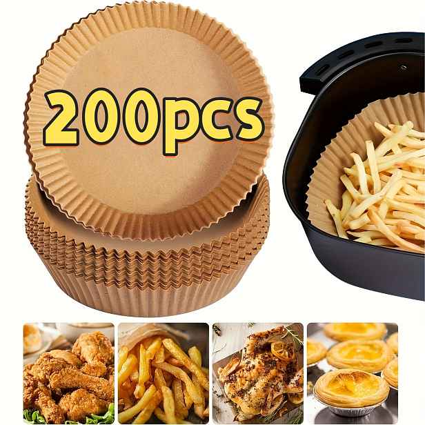 TEMU Peejaa - 200 ks 9palcových papírů do fritézy, kulaté jednorázové pečicí vložky, vhodné pro smažení, pečení, ohřev v mikrovlnné troubě a vaření,