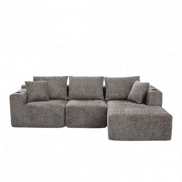 OKWISH MODULÁRNÍ rohová pohovka 261/165/80,5 cm tmavě šedá z chenille s držákem na nápoje a hlubokým sedákem