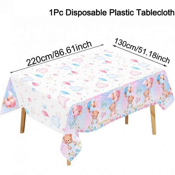 TEMU 1ks Jednorázový Stůl pro Odhalení Pohlaví, Růžovým & Modrým Medvídkem a Balónkem, 130x220cm Plastový Obdélníkový Kryt pro Dětskou Sprchu a Party