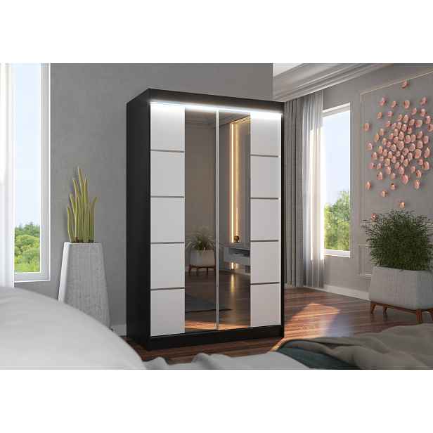 Zrcadlová šatní skříň s LED osvětlením 120 cm FABRA - černá / bílá