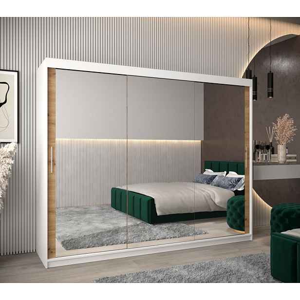 Skříň s posuvnými dveřmi v šířce 250 cm TIMEA 3 - bílá / dub artisan