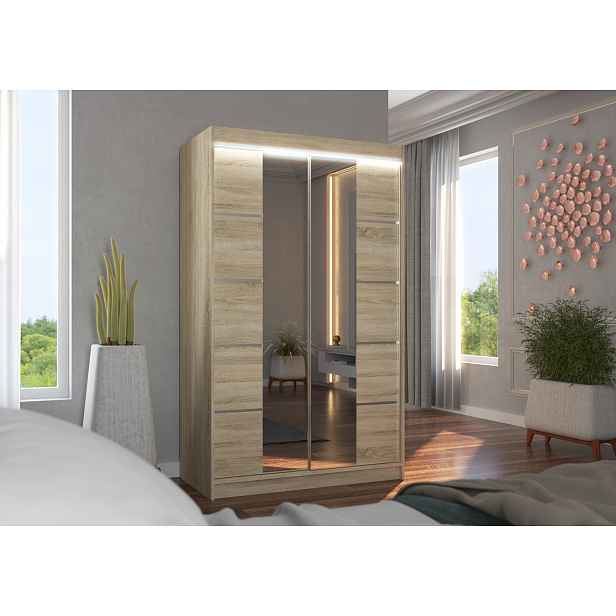 Zrcadlová šatní skříň s LED osvětlením 120 cm FABRA - dub sonoma