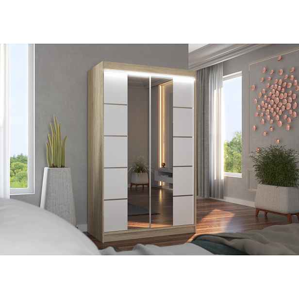 Zrcadlová šatní skříň s LED osvětlením 120 cm FABRA - dub sonoma / bílá