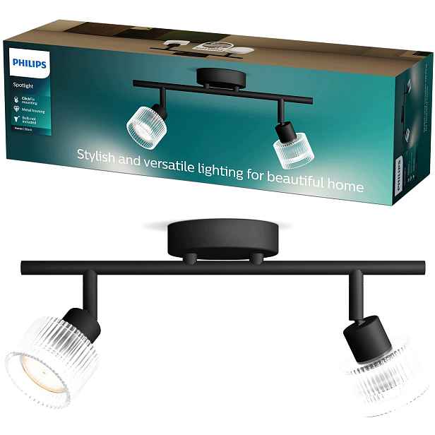 Stropní Svítidlo 2x GU10 Led Ryflovaná skleněná černá nástěnná lampa Horen Philips