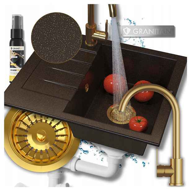 Jednokomorový granitový dřez Milano Chocolate Gold Sada 4v1