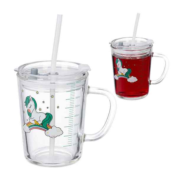 Relaxdays SKLENICE Průhledná bílá zelená 2dílná-sada pro děti motiv koně 400 ml