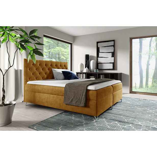 Boxspringová postel VENDELIN - 140x220, žlutá + topper ZDARMA