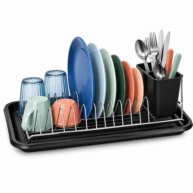Relaxdays ODKAPÁVAČ Černá stříbrná kov plast s odkapávací miskou 43 cm