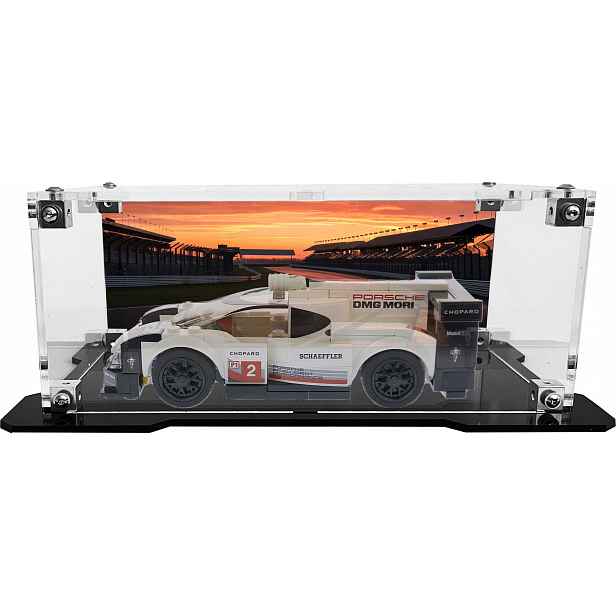 Vitrína s černou základnou a pozadím pro sadu Lego 75887 – Porsche 919 Hybrid