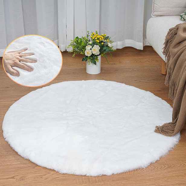 Kulatý koberec s kožešinou, 120 cm, měkký, nadýchaný, bílý