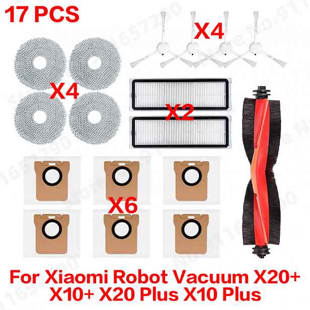 TEMU Sáček na prach pro Xiaomi Robot Vacuum X20+ X10+ X20 Plus X10 Plus, náhradní díly, hlavní boční kartáč, HEPA filtr, mopovací hadřík
