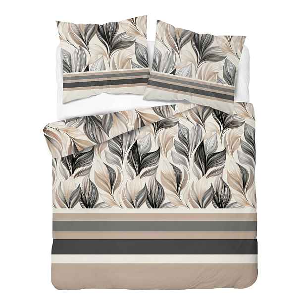 Povlečení 220x200 béžová černá s listy a pruhy Home Satin