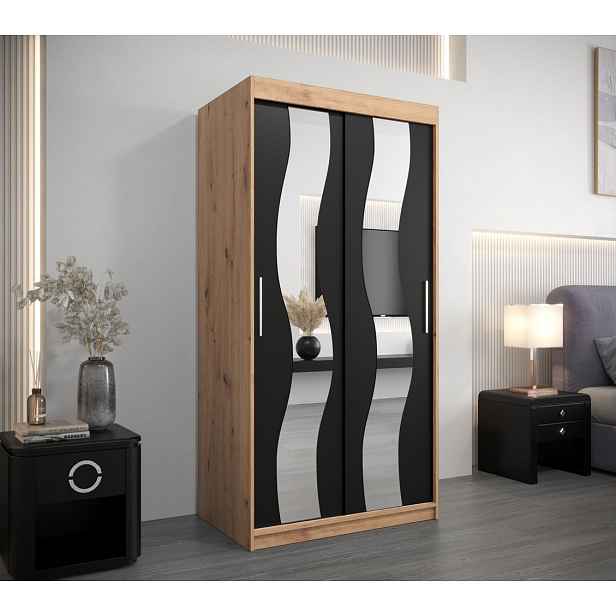 Šatní skříň se zrcadly HERTA - šířka 100 cm, dub artisan / černá