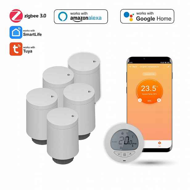 Sada s pěti radiátorovými hlavicemi a termostatem Zigbee Tuya