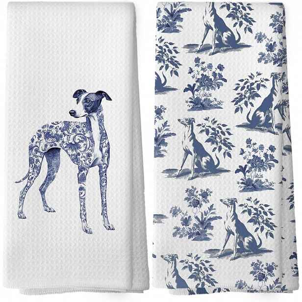 TEMU Chinoiserie Whippet Kuchyňské utěrky, Whippet dárky pro ženy a muže, -bílé květinové psí kuchyňské utěrky, dekorace, 18 x 26 palců, sada 2 kusů