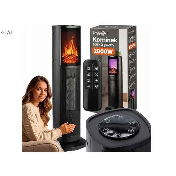 Elektrický Komínový Sloupový Radiátor S Termostatem, Oscilace, Černý 2000 W
