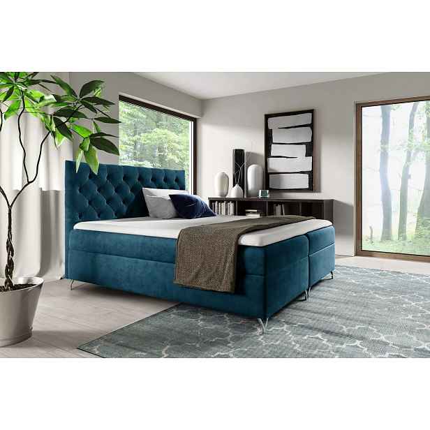 Boxspringová postel VENDELIN - 160x220, modrá + topper ZDARMA
