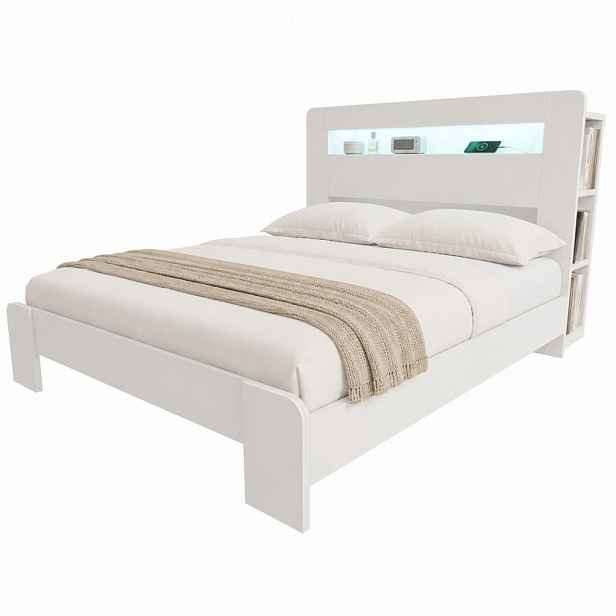 CHICFURN POSTEL 140/200 cm v bílé barvě s úložným prostorem, LED osvětlením a zásuvkami z dřeva
